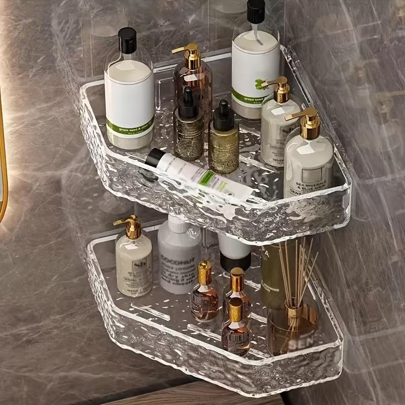 No-Drill Wall-Mounted Bathroom Shelves - Transparent Textured Design Shower Caddy & Skincare Organizer for Home, Multi-Room Compatible