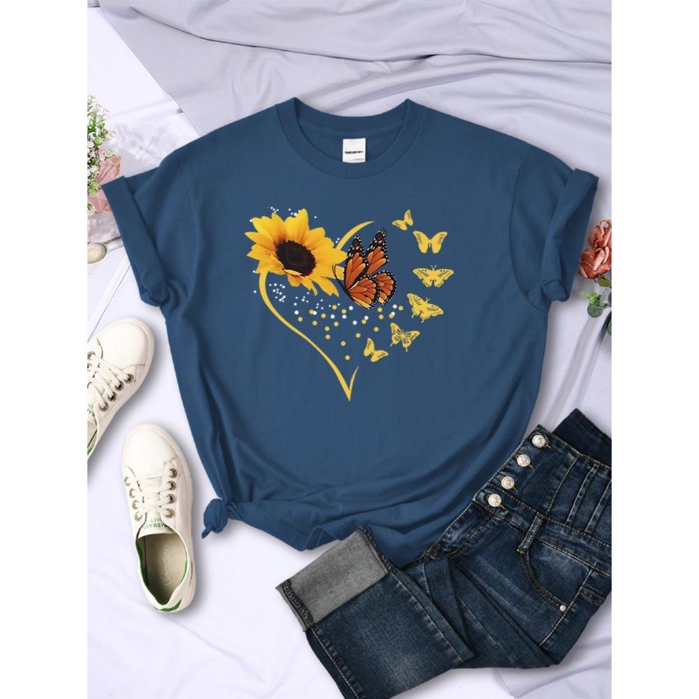 Simple Woman T-Shirts Sunflower Butterflies Heart Prints Short Sleeve Comfortable Soft O-Neck Tops Summer Casual Female Clothes