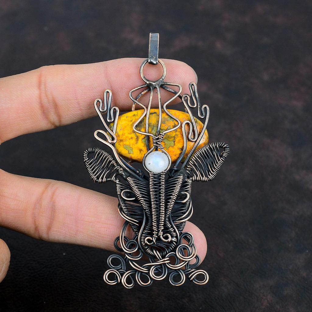 Bumble Bee Jasper Pendant Copper Wire Wrapped Rainbow Moonstone Pendant Deer Face Jewelry Handmade Dainty Pendant Gemstone Pendant For Gifts