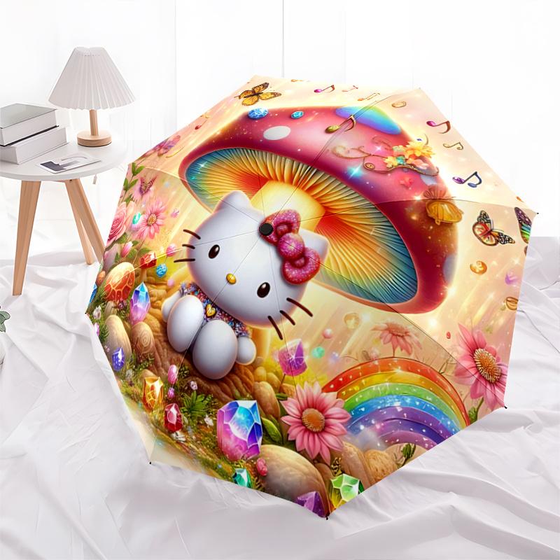 1pc Hello Kitty Mushroom Automatic Opening Folding Umbrella - Portable 3-Fold Design with Iron Frame, Outdoor for Fans, Travelers, Everyday Use, Festi