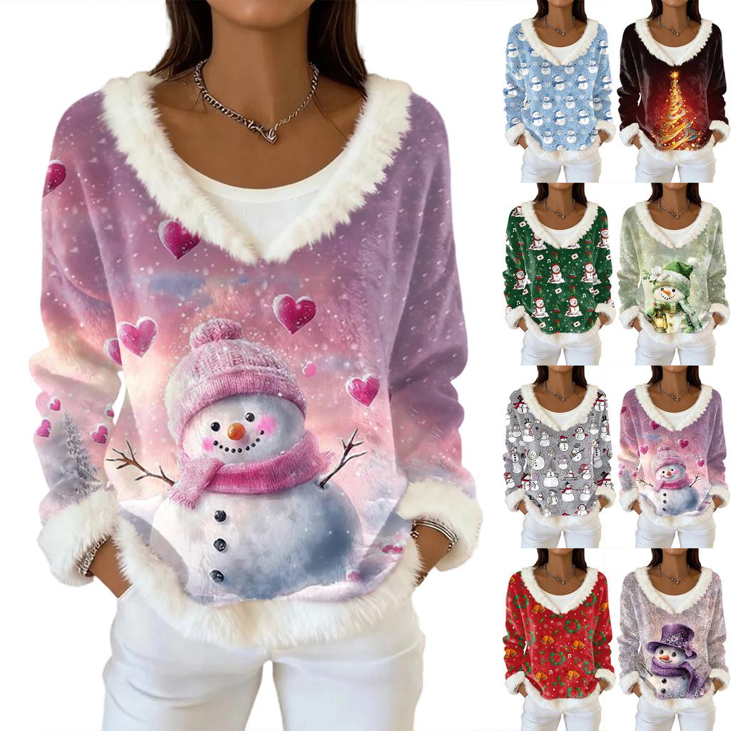 Women's Fashion Plush V Neck Pullover Top Long Sleeve Tee Christmas Printed Sweatshirt