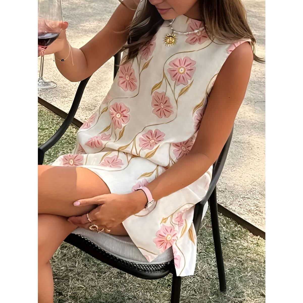 Summer New Casual Pink Flower Round Neck Sleeveless Tank Dress for Women European American Style Crossborder Women s Apparel S