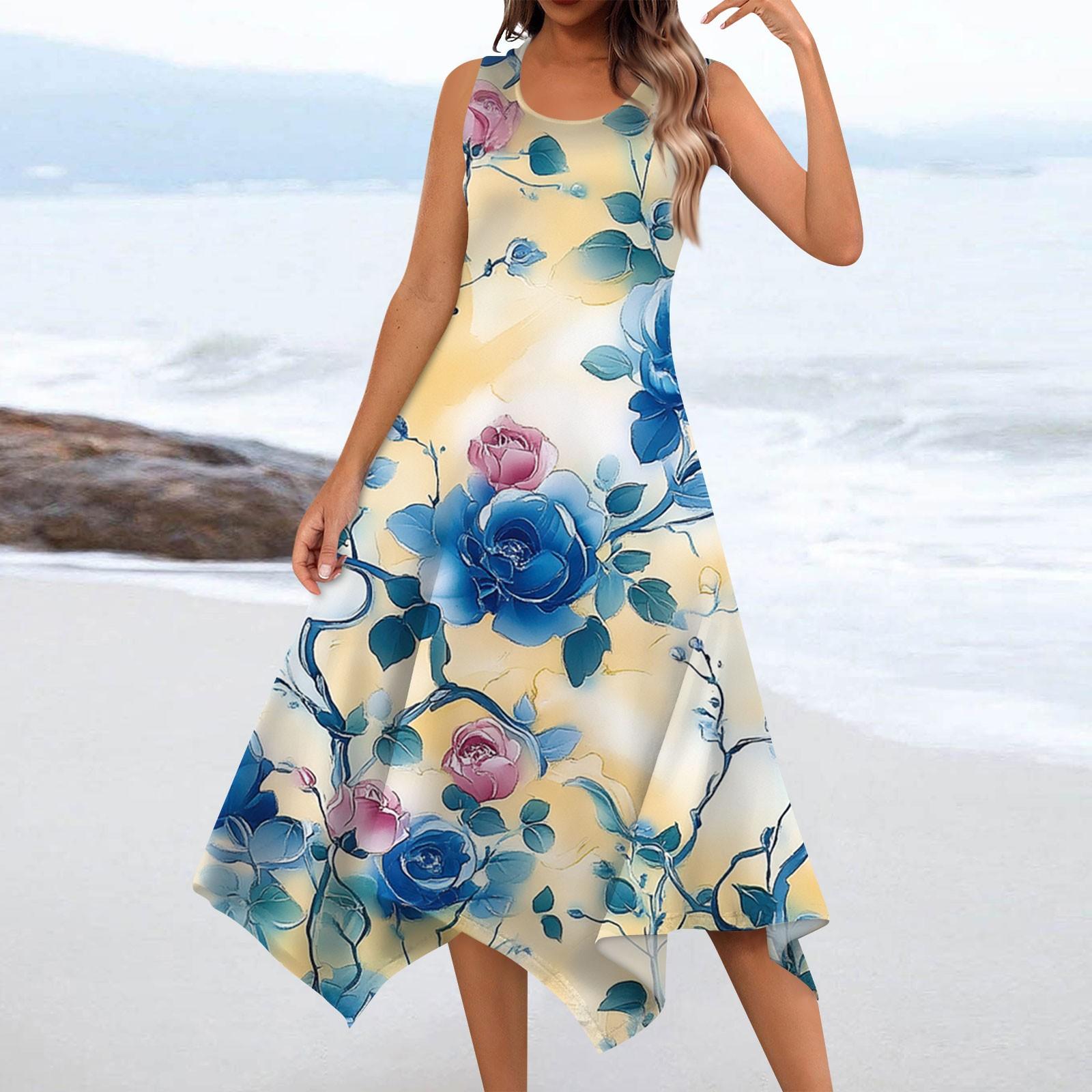 

Женское повседневное модное платье миди без рукавов с круглым вырезом и цветочным принтом, нерегулярный подол XL жёлтый