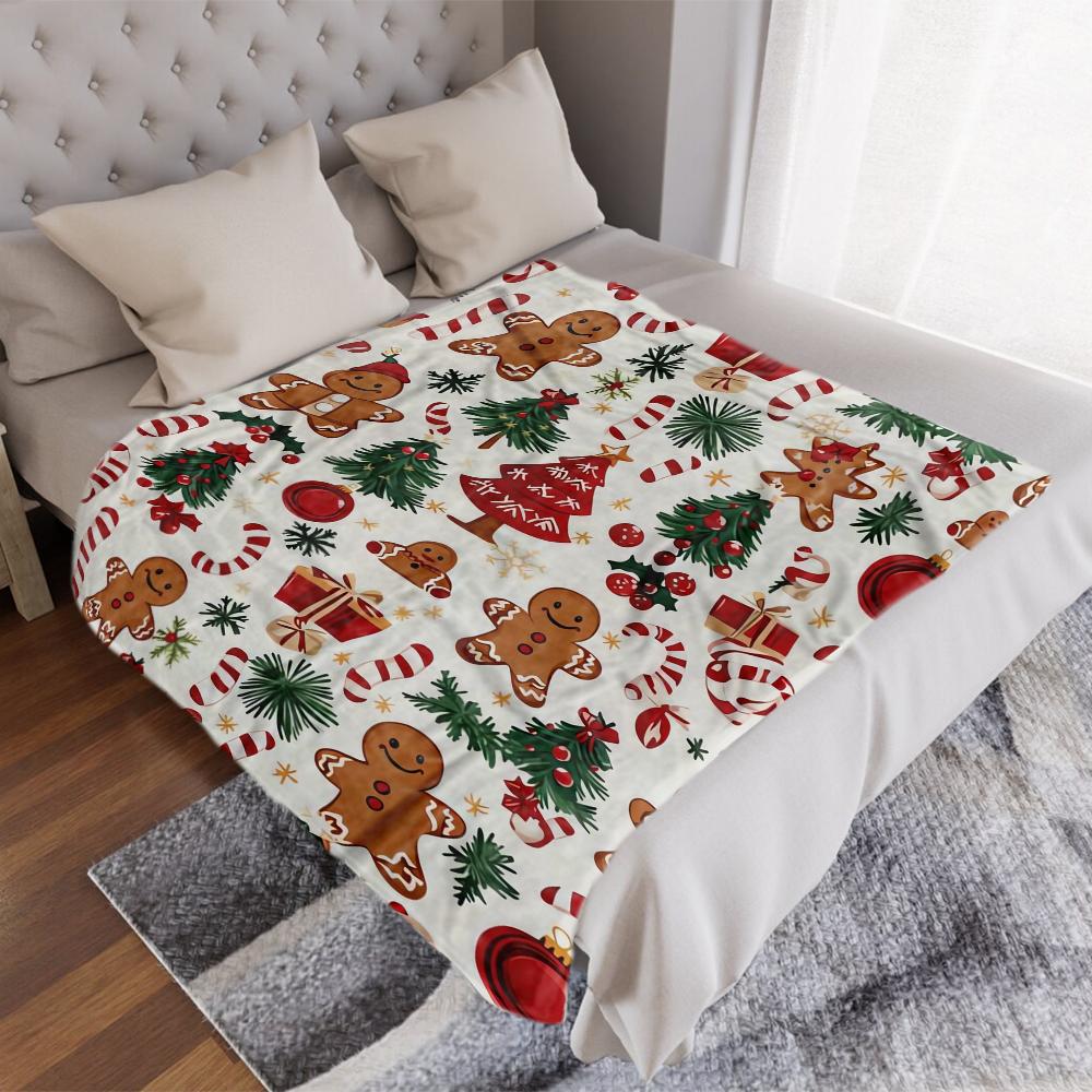 1pc Ultra-Soft Christmas Gingerbread Wonderland Print Flannel Throw Blanket- Festive Holiday Decorative Blanket