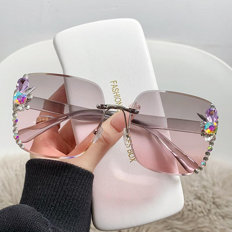 Frameless cut edges for women diamond-set sunglasses Fashion large frame sunshade protection UV sunglasses