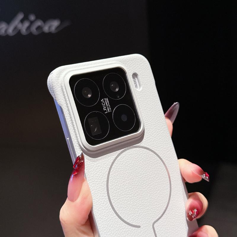 For Magsafe Magnetic Wireless Charging Solid Color Leather Not Border Hard PC Phone Case For Xiaomi 14 15 Ultra Pro Bumper Cover