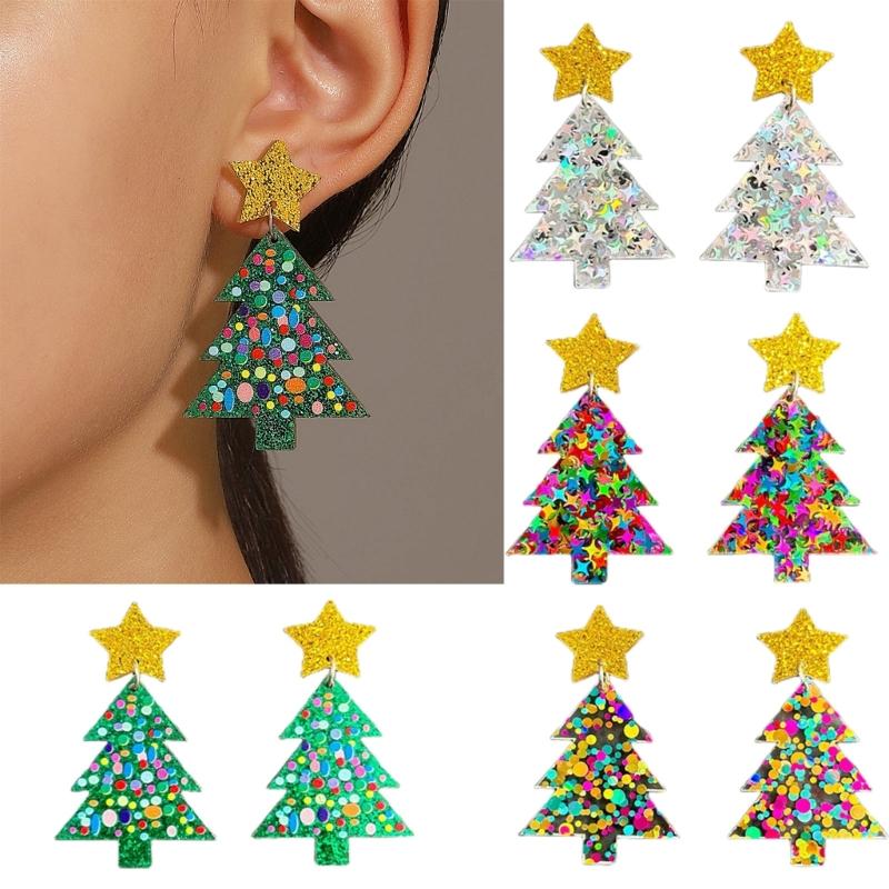 2 Pcs Novel Christmas Tree Stud Earrings All-matched Temperament Sequins Stud Earrings Multicolour Rainbow Earrings