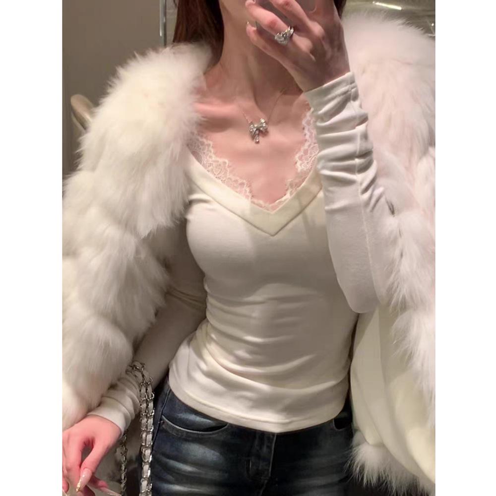 Velvet Ribbed Lace V-Neck Base Layer Top – Women's Autumn/Winter Slimming Innerwear