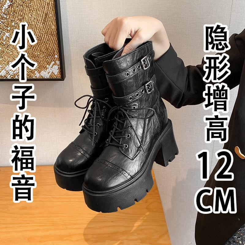 

12Lm brown thick-soled Martin boots women s retro new autumn belt buckle medium tube knight boots small size 33 33 чорний