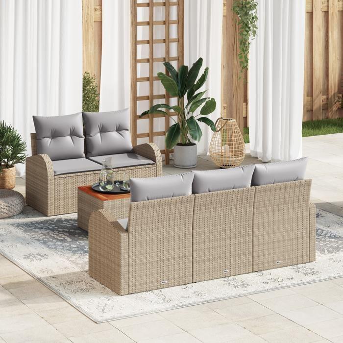 VidaXL Ensemble de Canapé de Jardin de 6 Pièces avec Coussins Beige Poly Rattan Acacia 3356187