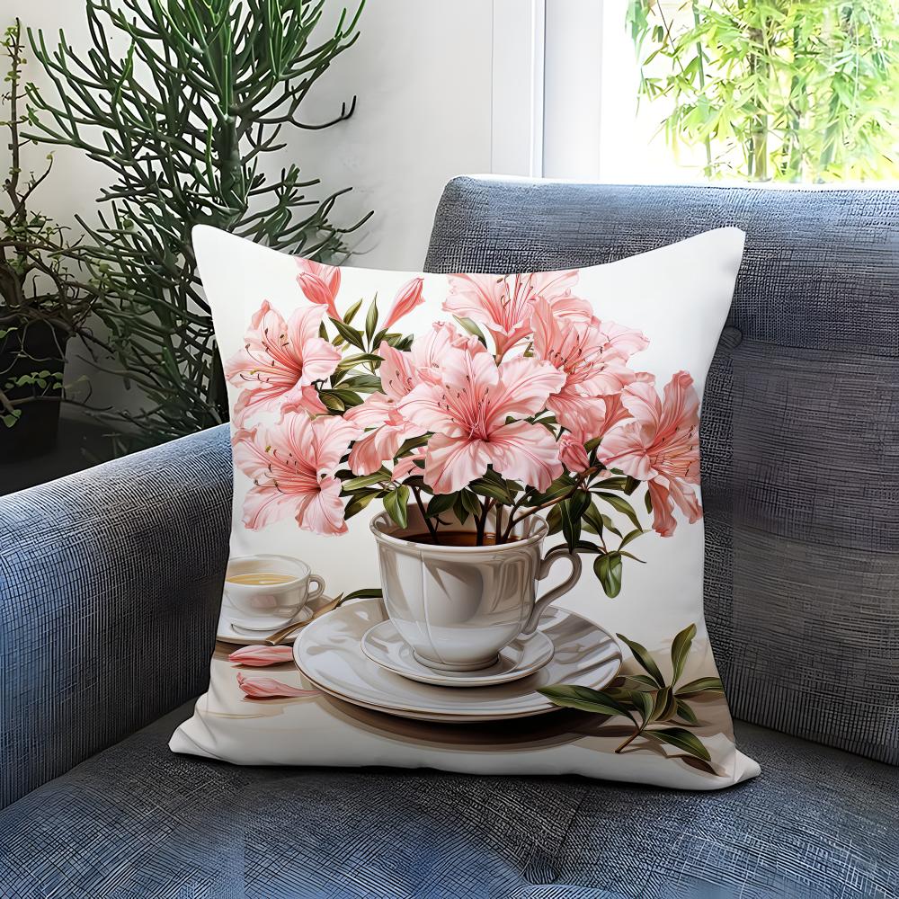 Popular C-CCup of Flowers Cushion Cover Comfortable Reversible Pillow Cover Ideal for Car Sofa Bedroom & Beyond