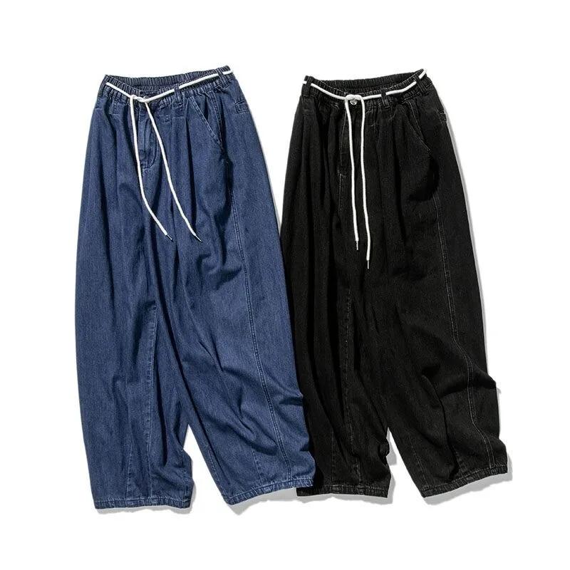 Men Loose Harajuku Denim Pants Men Vintage Elastic Waist Jeans Male Hip Hop Wide Leg Pants Man Solid Color Trousers