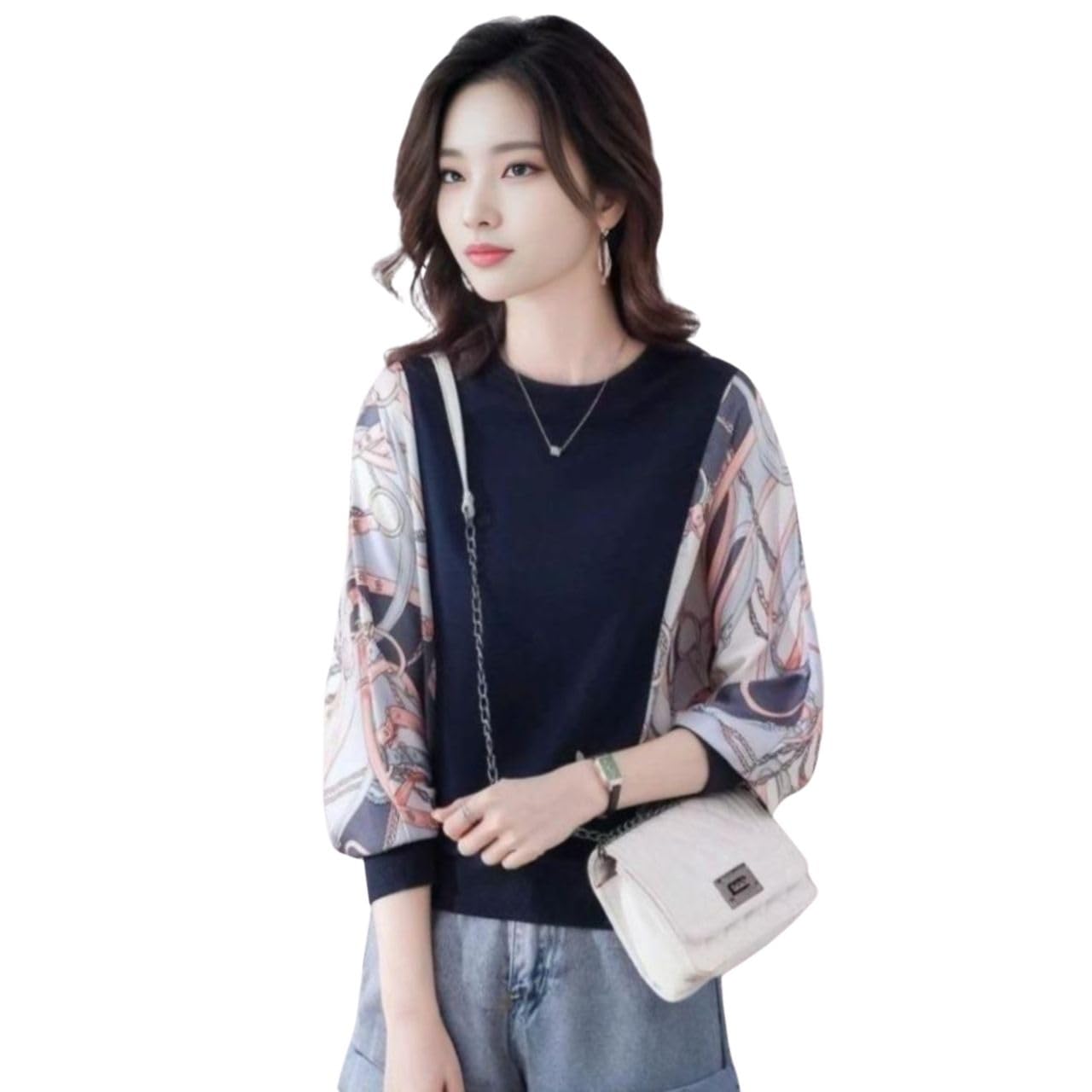 

Пуловер Блузка со Смешанным Принтом Шарфа Круглый Долман Длинный J-Скотт Женские Рукава, Ткань, Вырез Горловины, Рукава, Рукава, Темно-синий, JS16-NV-L