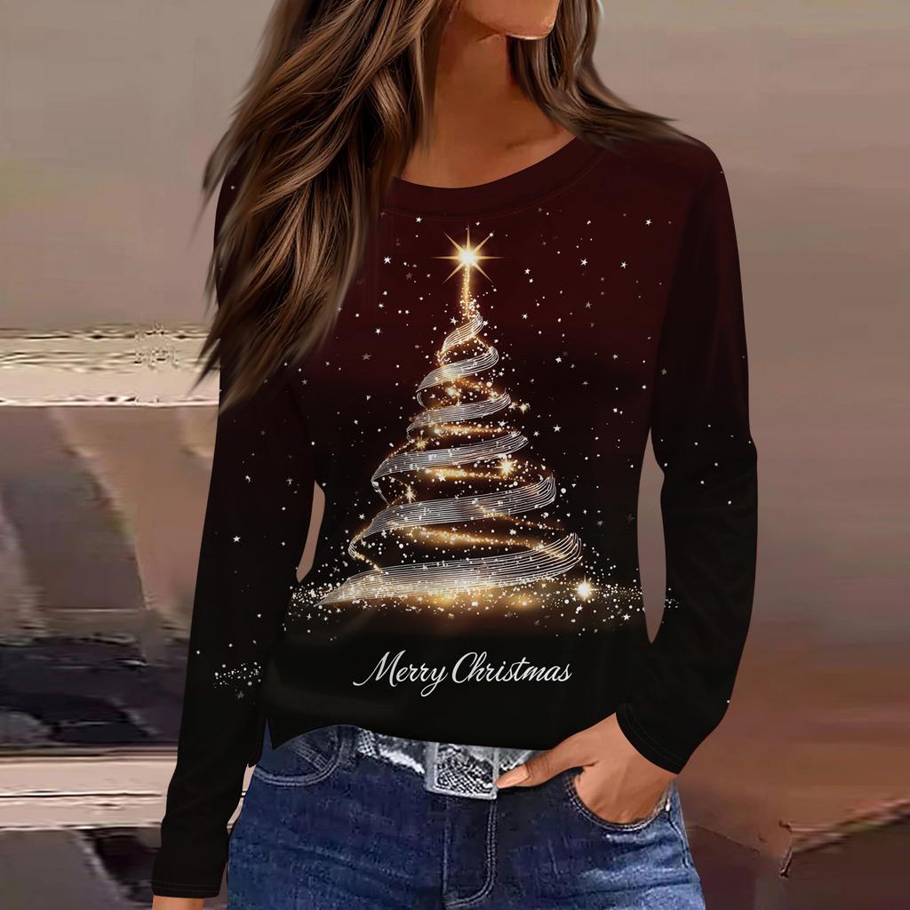 Women's Fashion Casual Slit Hem Round Neck Long Sleeve Loose Christmas Printed T-Shirt Ladies Top