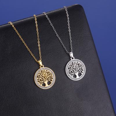 Women's Stainless Steel Gold-Color Tree of Life Necklace with Clear Zircon Round Pendant Luxury Jewelry Gift for Weddings
