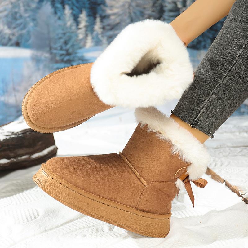 Fashion Winter Cozy Faux Wool Snow Boots for Women Thick Sole Fur Cotton Padded Shoes Woman Bowknot Decor Plush Platform Ankle Booties