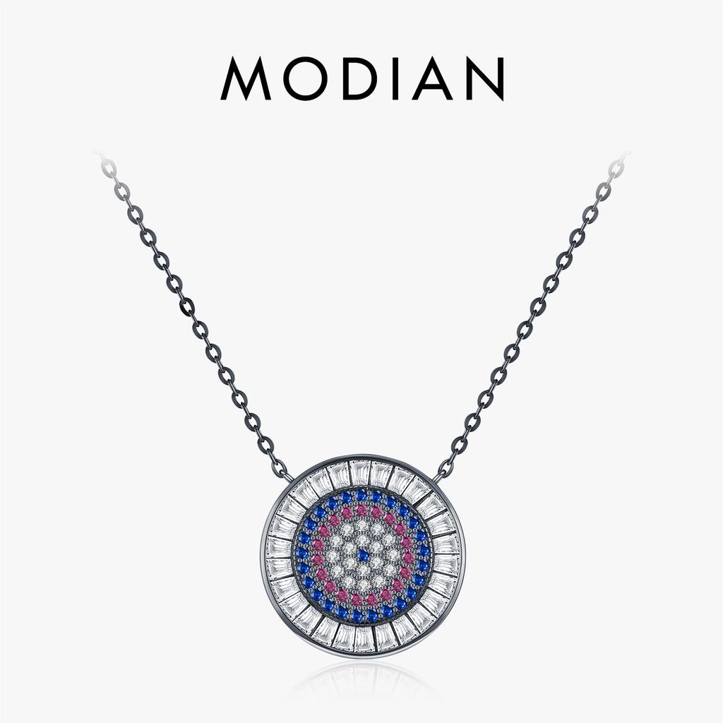 MODIAN 925 Silver Colorful Round CZ Pendant Necklace Black Stackable Link Chain Necklaces For Women Fine Jewelry