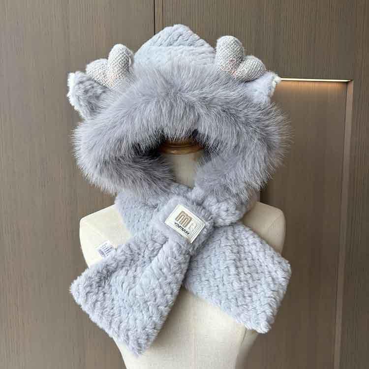 Winter Hat Women's Warm and Cold Two-piece Hat Scarf Hat Integrated Winter Cute Antler Plush Hat