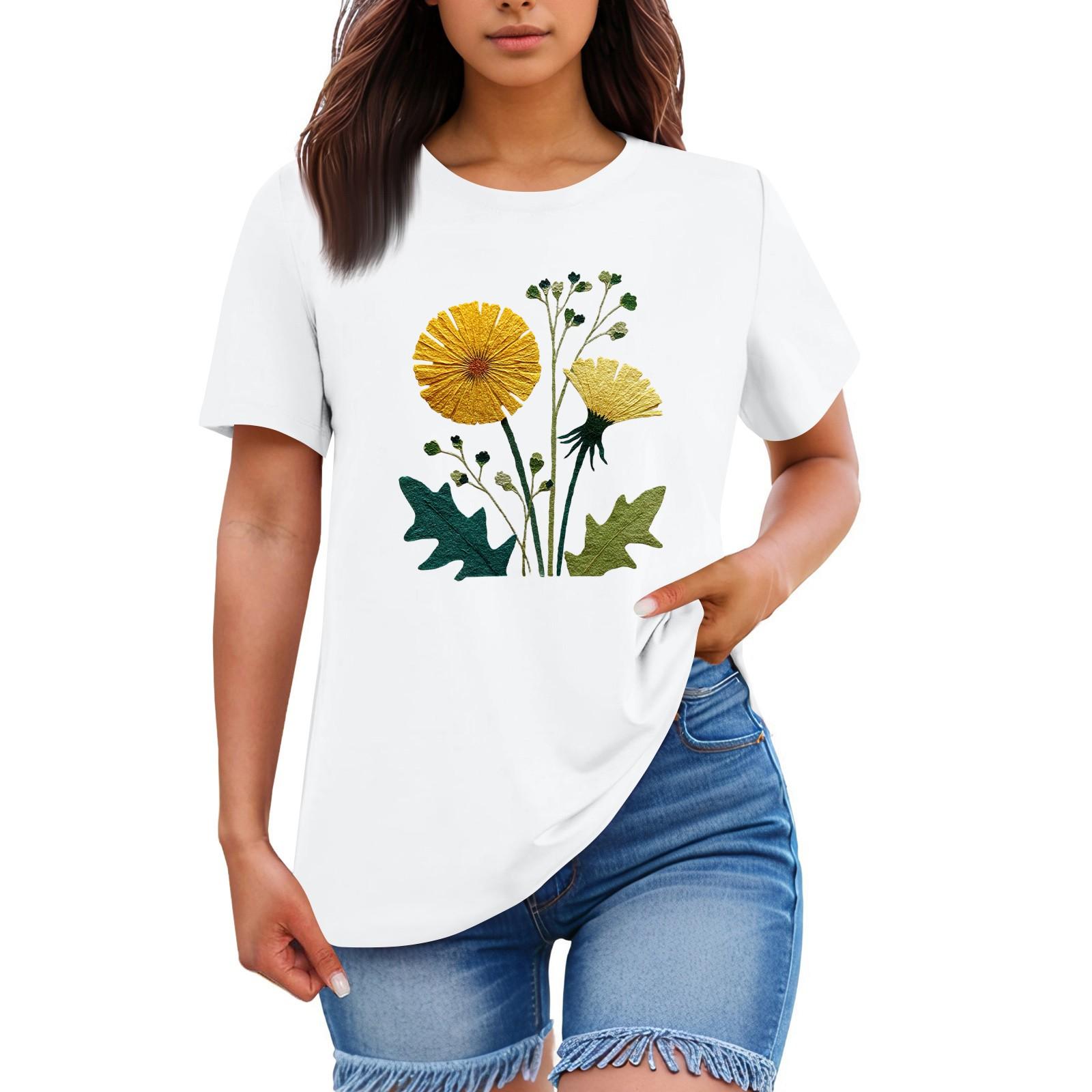 

Женская свободная удобная повседневная модная футболка с принтом растений и цветов, круглым вырезом и короткими рукавами XL белый