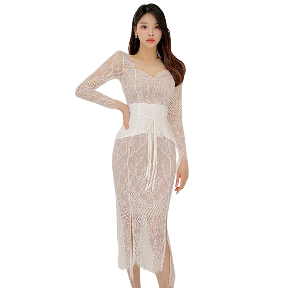 

GRAXIA Длинное платье хостесс, длинное, цветочное, размер L, женское, платье, рукава, разрез, принт, лента, прозрачное, кружево, белое, белый