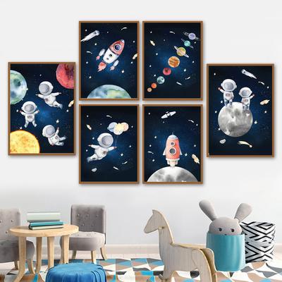 Astronaut spațial Planetă Rachetă Lună Pepinieră Artă de perete Pictură pe pânză Postere nordice și imagini de perete de imprimare Decor camere pentru copii
