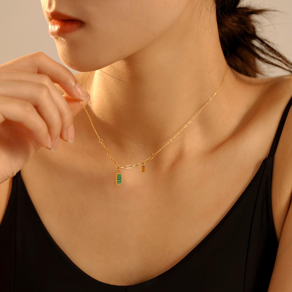 18K Gold-Plated Malachite Green Striped Collarbone Necklace - Small Square INS Style Retro Jewelry