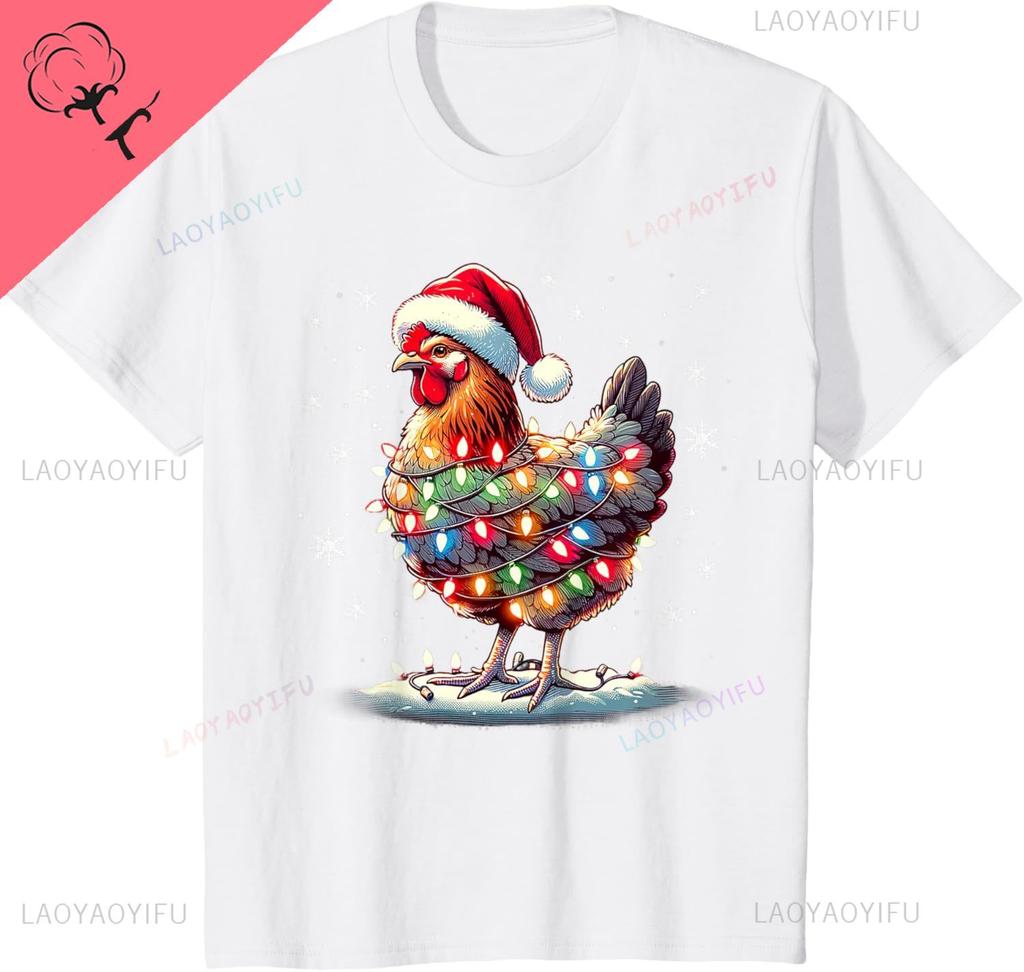 Chicken Santa Christmas Light Funny Xmas Chicken Pajamas TShirt Unisex Summer Streetwear Tops Cotton Ropa Hombre