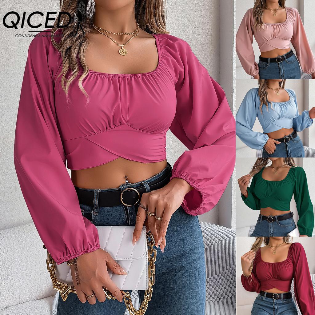 QICED Spring Summer Casual Lantern-sleeved, Lace-up, Waist-cinching Chiffon Blouse, Crop Top for Women