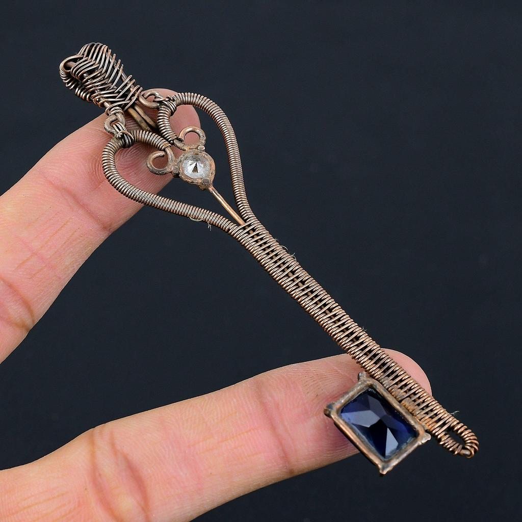 Faceted Blue Sapphire Gemstone Pure Copper Wire Wrapped Handmade Pendant Key Shaped Jewelry