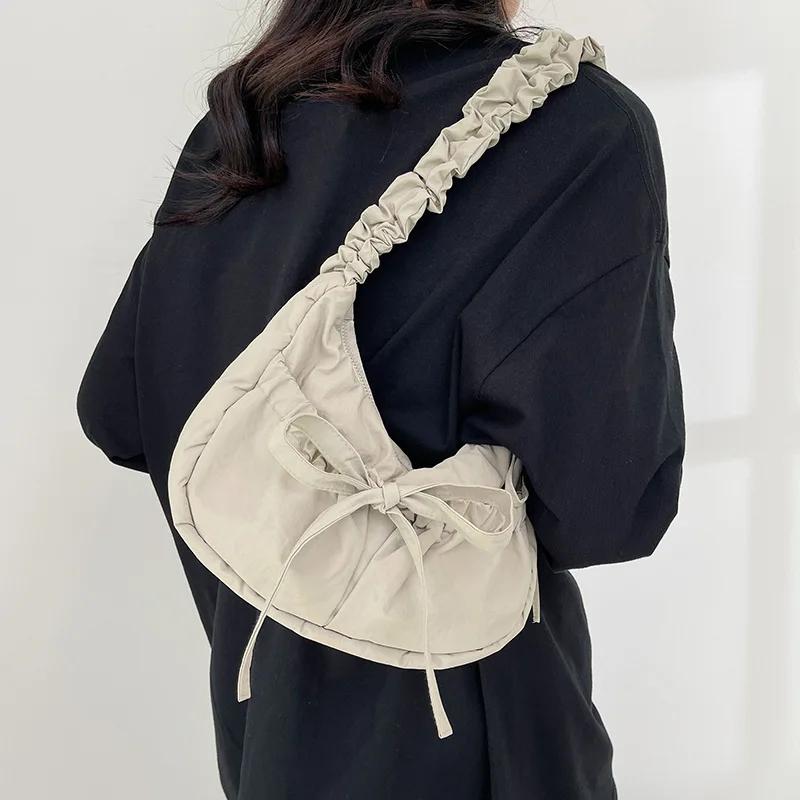Casual Bowknot Women's Small Shoulder Bags Pleated Solid Color Ladies Underarm Bag Handbags Portable Female Crossbody Bag