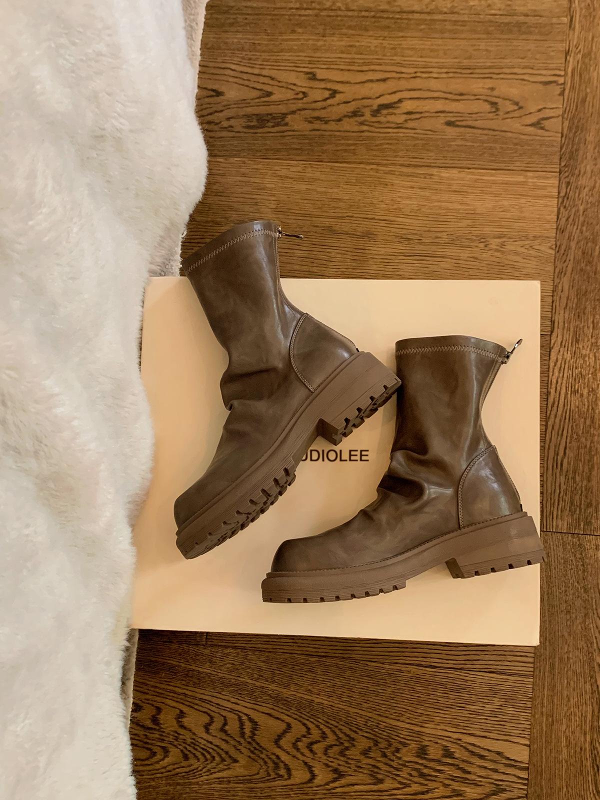 

Cowhide version grape mother thick-soled retro leather pleated rear zipper stacked short boots women s thin boots British Martin boots 34