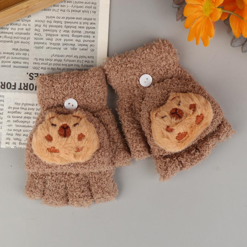 Thickened Kids Winter Gloves, Capybara Cartoon Plush, Warm Christmas Gift, Flip-top Half-Finger, Girls and Boys
