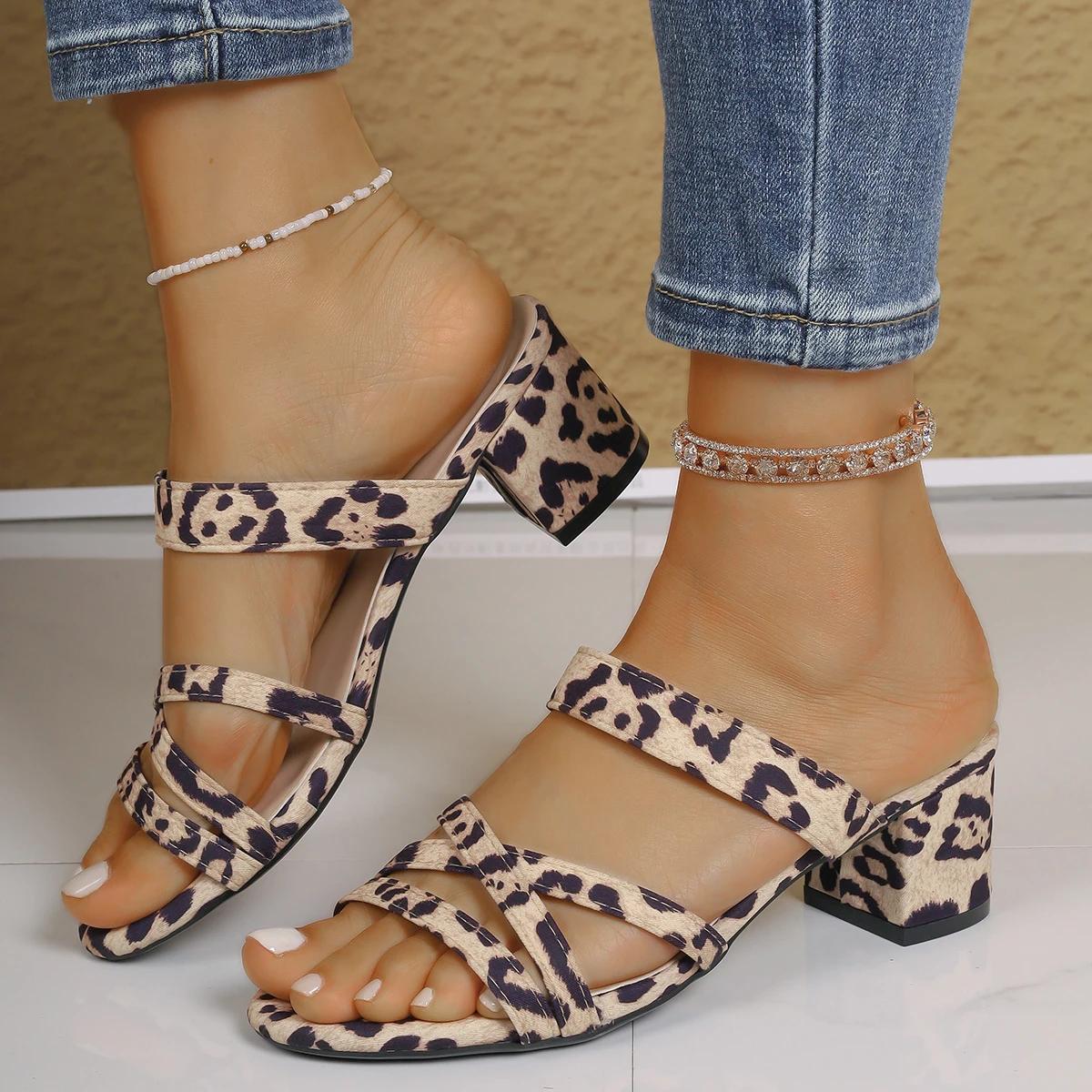 

Fashion Fashion Leopard Print High Heel Sandals for Women Summer Open Toe Thick Heeled Outdoor Slippers Woman Casual Comfort Sandalias 42 леопардовый