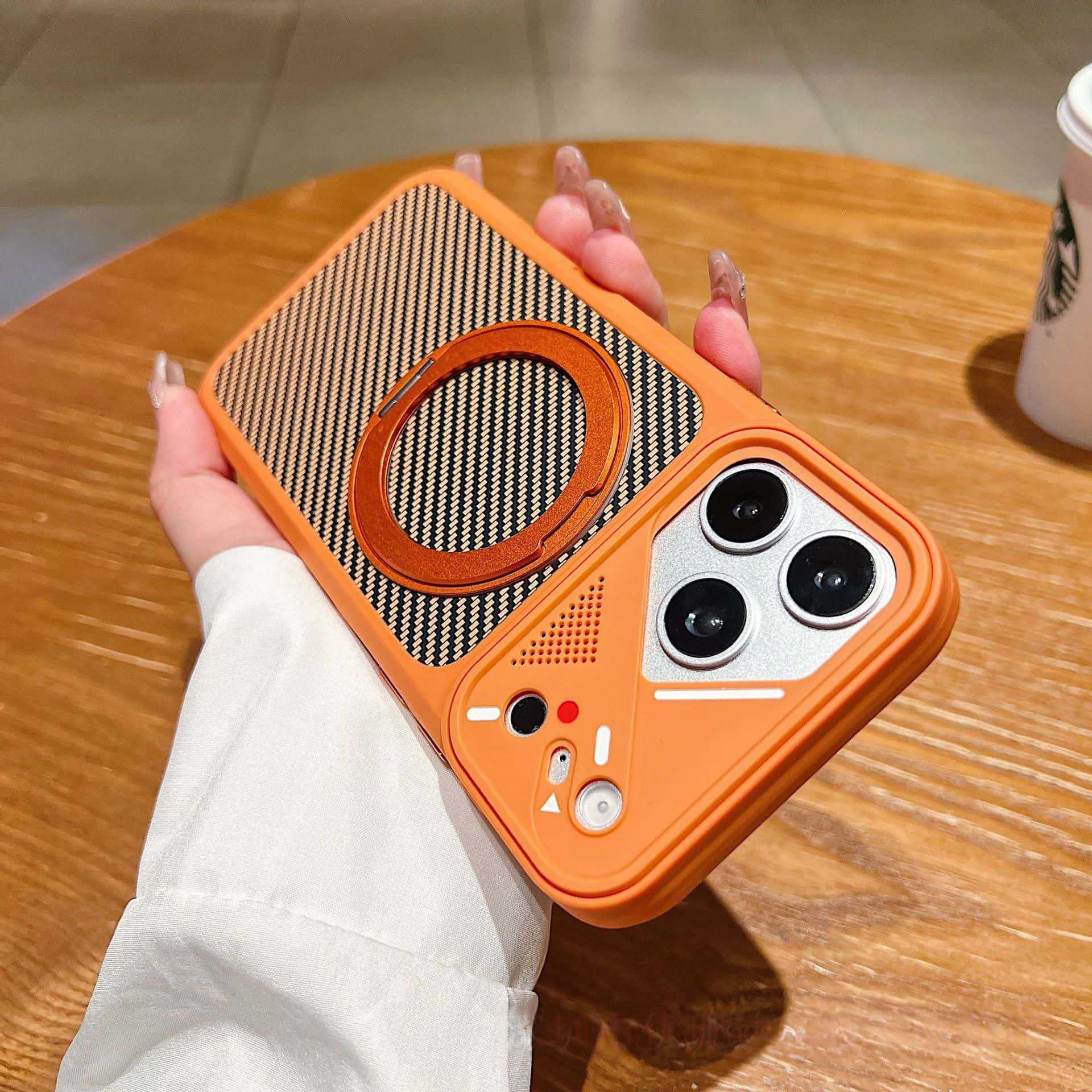 

iPhone 17 Pro Max Case with 360° Rotating Magnetic Stand and Carbon Fiber Texture Protective Cover iPhone 16 Pro оранжевый