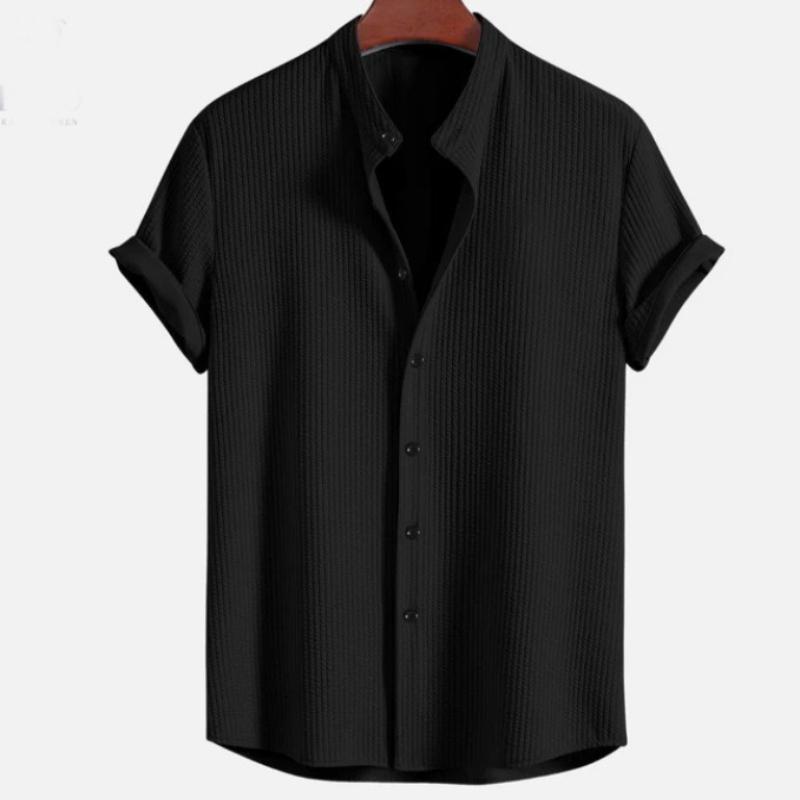 Men's Casual Short Sleeve Solid Color Button- Shirt with Stand Collar