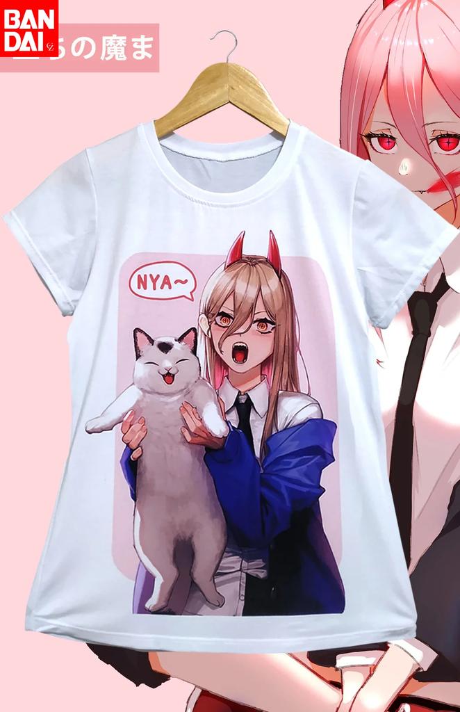 Chainsaw Man Power & Cute Cat Nyan Print T Shirt Women 2026 Summer White Fitted Tee Anime Streetwear Harajuku Loose Cotton