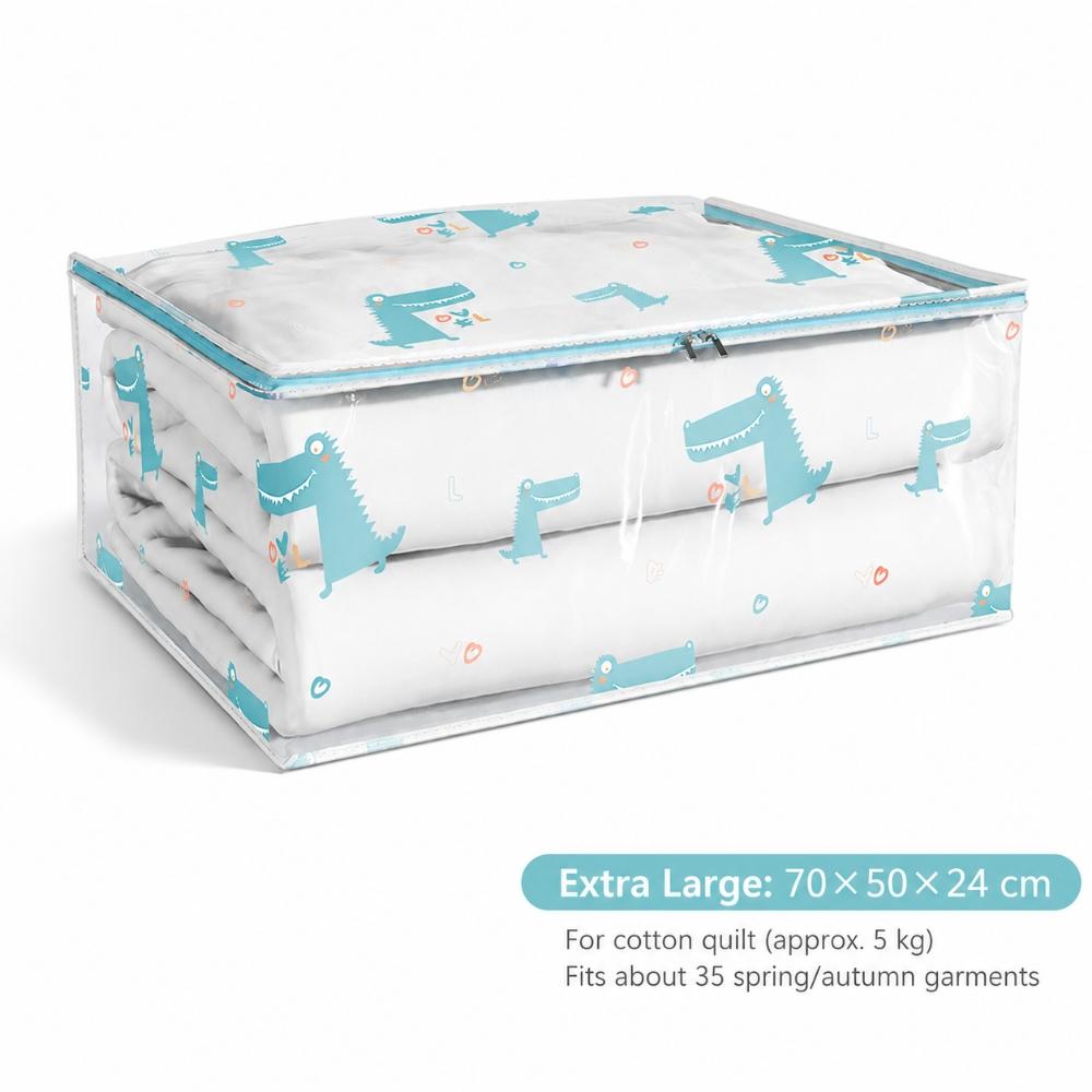 PEVA Transparent Zipper Storage Bag For Quilts, Blankets And Clothes, Cartoon Print Organizer For Bedroom Wardrobe And Closet, Three Sizes