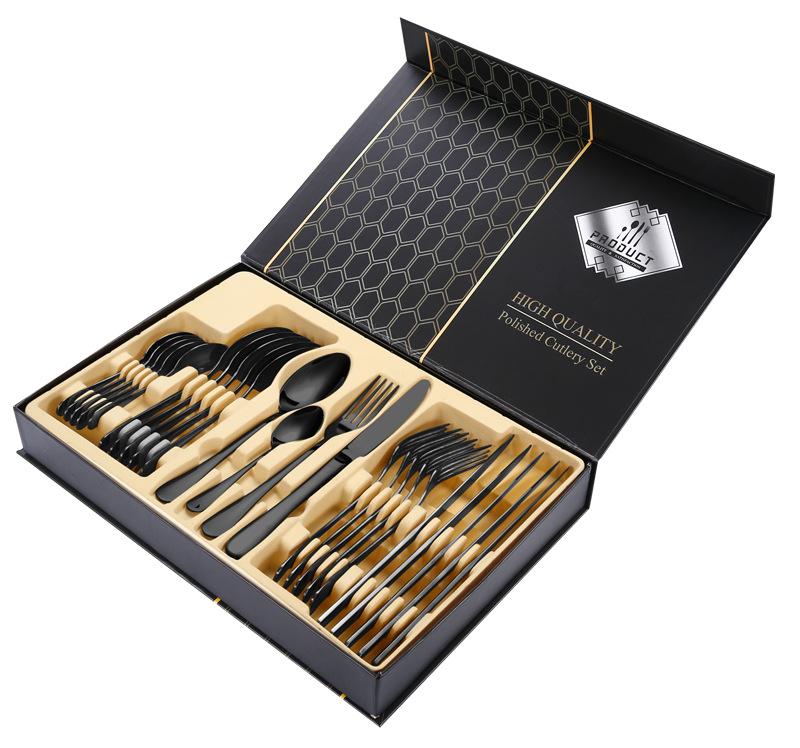 24pcs Gold Dinnerware Set Stainless Steel Steak Knife Fork Coffee Spoon Teaspoon Flatware Dishwasher Safe Kitchen Tablewar