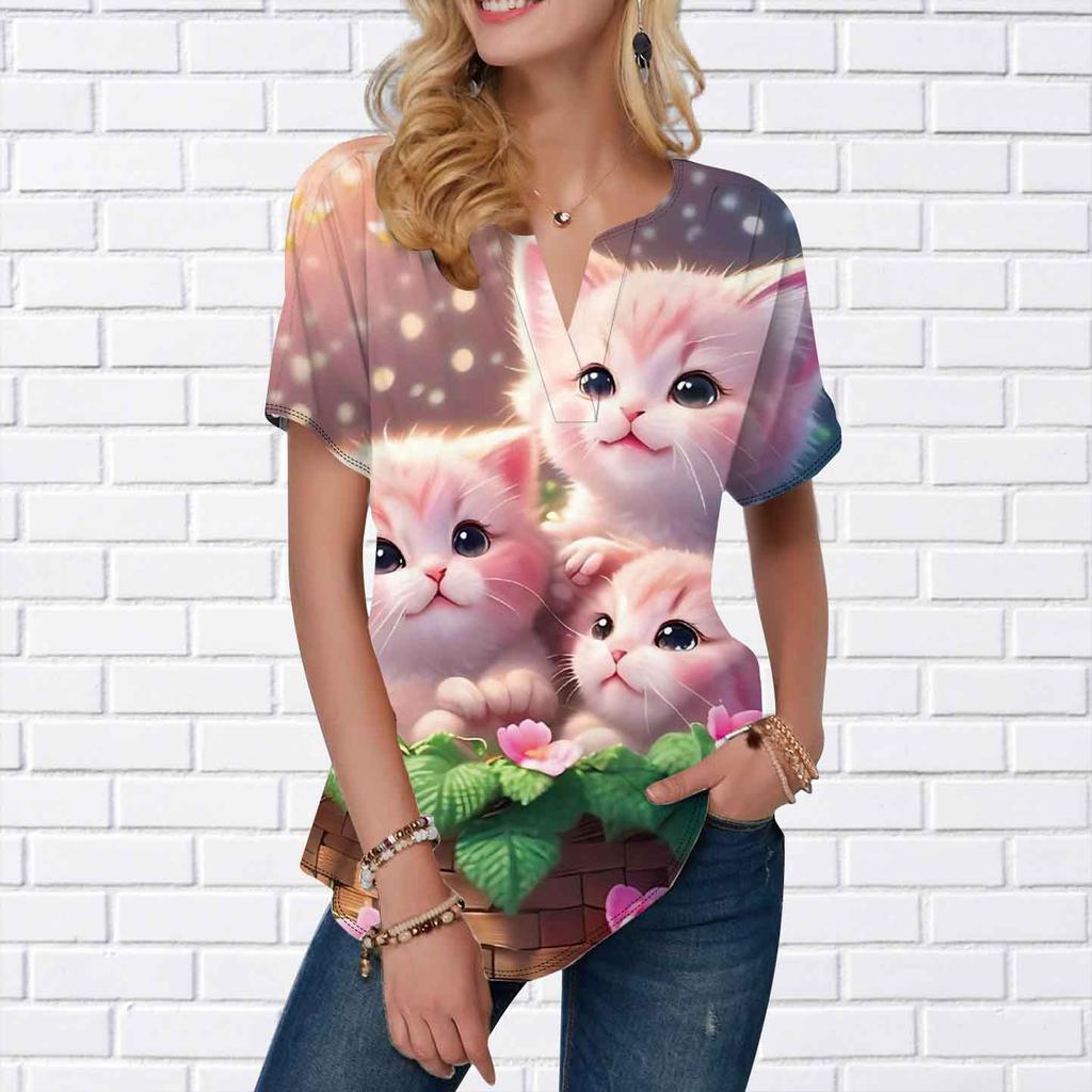 Dámské letní tričko Rodina koček Potisk Trička s krátkým rukávem Neformální trička s potiskem Malý výstřih do V Krátké rukávy