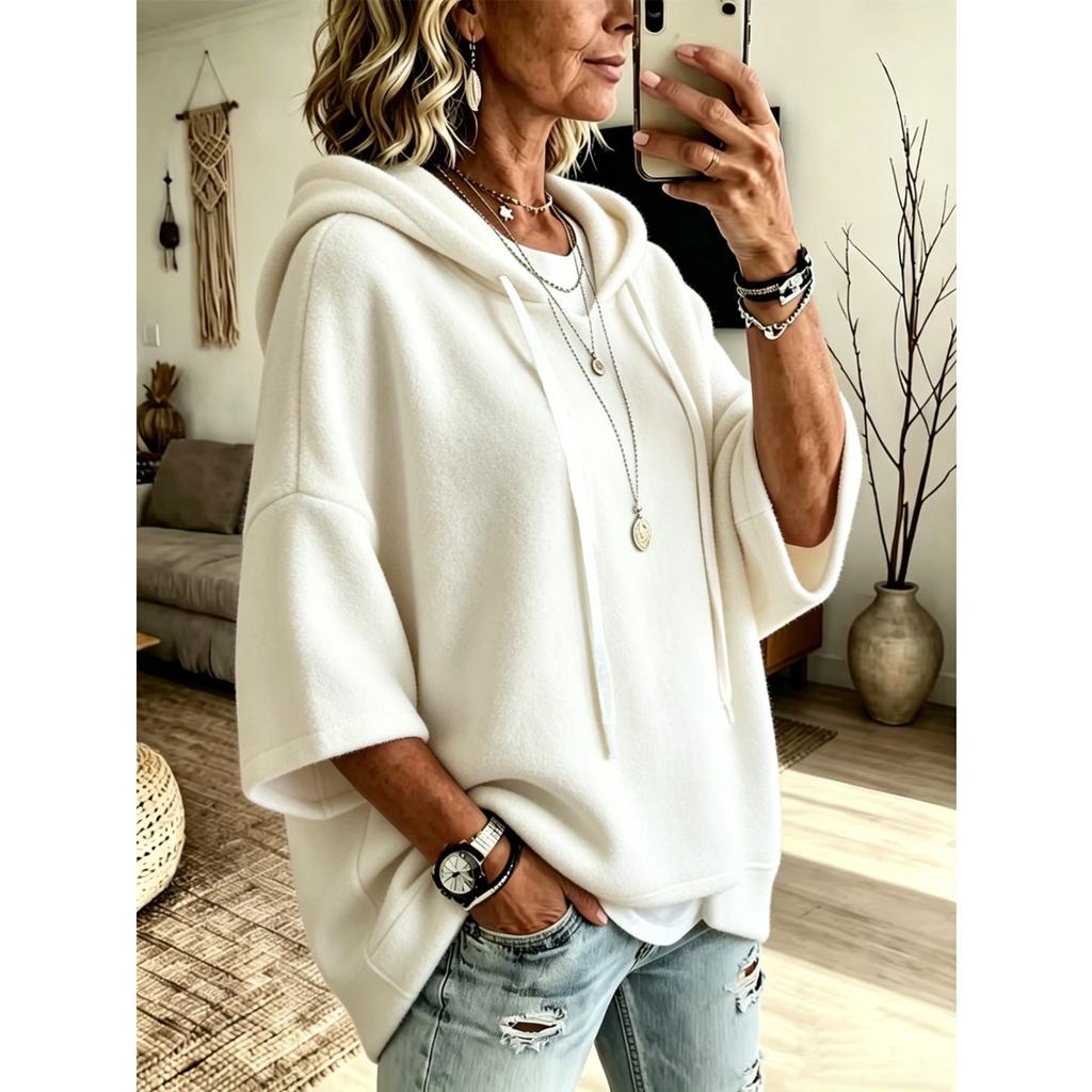 Women's Loose Seven Quarter Sleeves, Hooded Drawstring T-shirt, Batsleeved Top, Outerwear