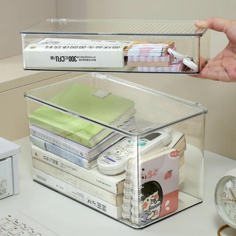 Multi Tier Clear Storage Box With Lid Stackable Desktop Organizer For Office Documents Books And Small Household Items