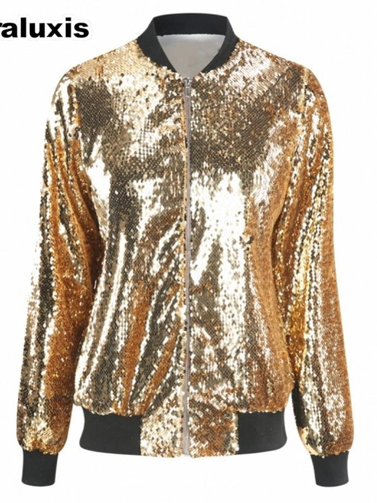 Giacca da Donna Autunnale con Paillettes Taglie Forti Camicia Baseball Larga con Perline Cappotto per Donna