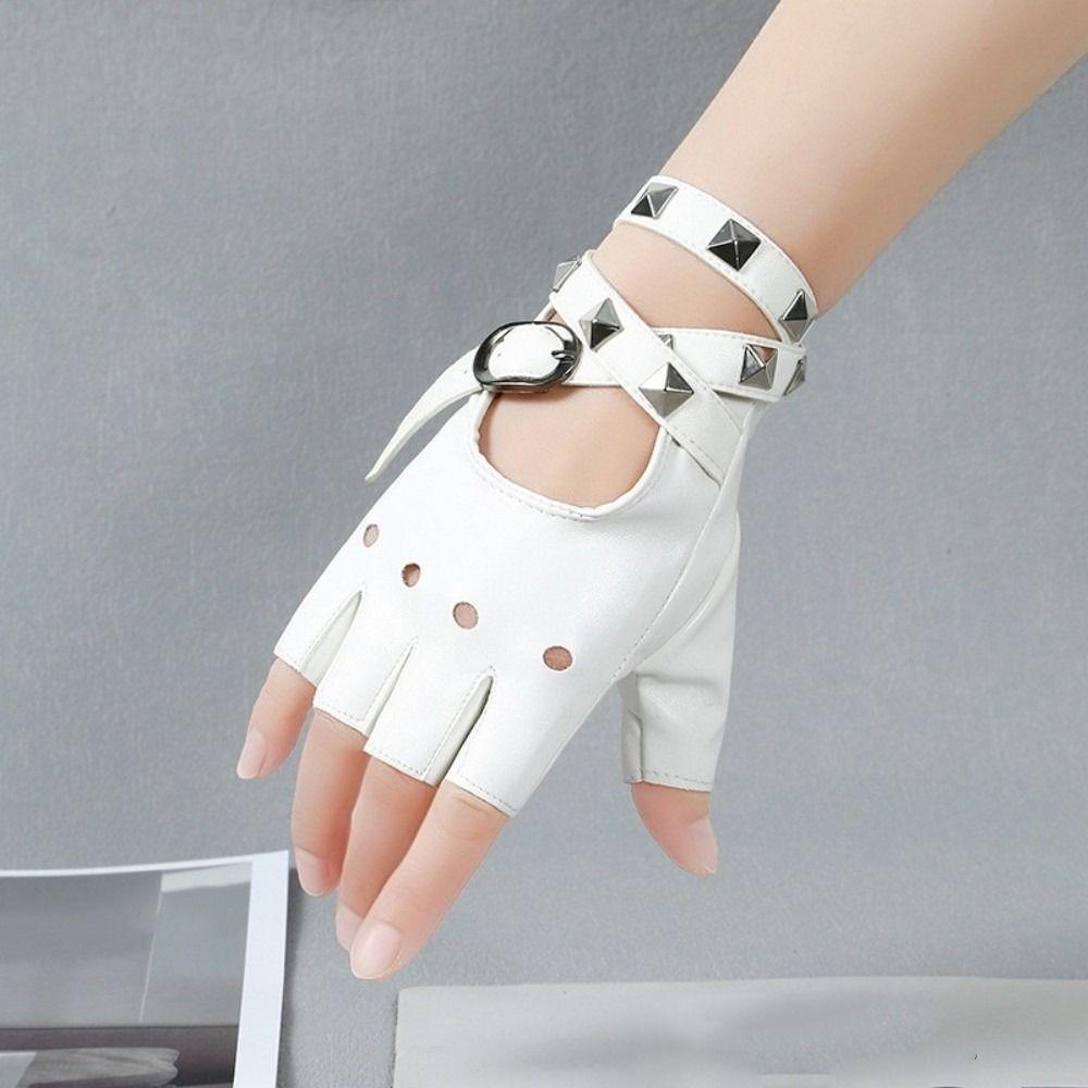 Anti-Slip Half Finger Gloves Cool Fingerless Mittens Unisex Rivets Belt Wrist Gloves  Hip-Hop
