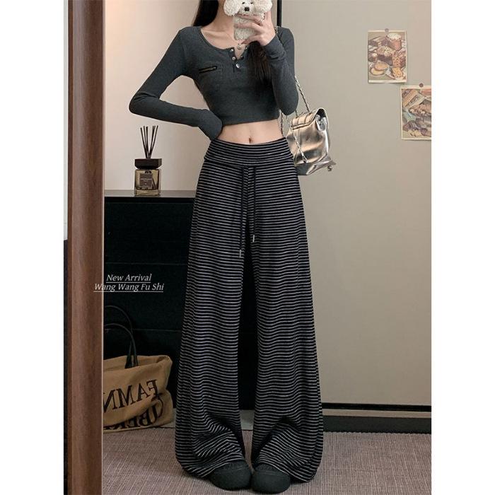 

Autumn 2026 Women s Striped Drawstring Casual Pants - Floor-Length, Loose, Slimming Style XL