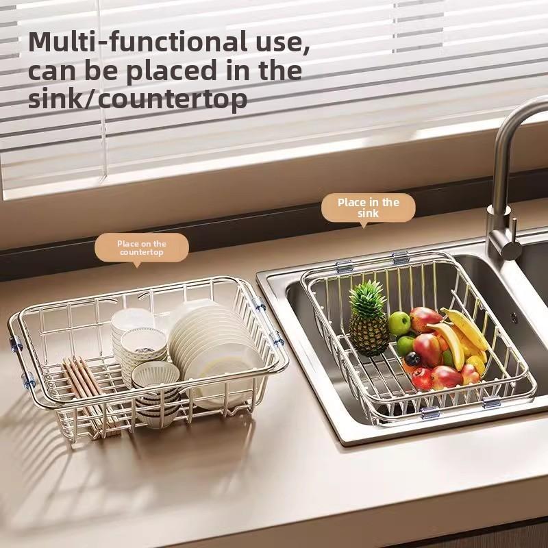 Stainless Steel Sink Drain Basket With Adjustable Size For Dish Drying And Organization
