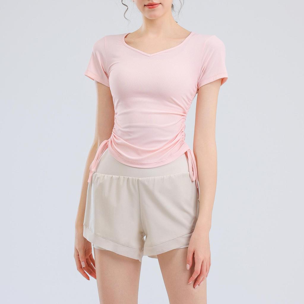 Women's V-Neck Short Sleeve Sports T-Shirt - Solid Color, Breathable, Slimming Fitness Top for Spring/Summer.