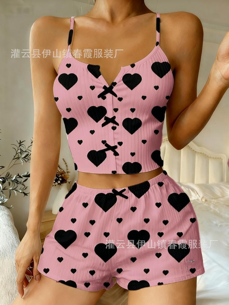 New love print suspender skirt pit striped sweet pure pajamas sexy bow loungewear Europe and America
