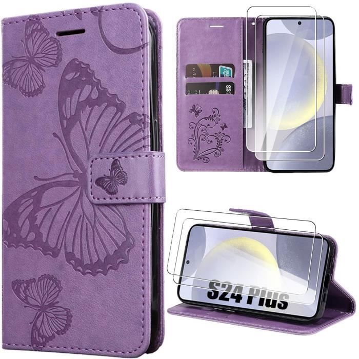 Coque de protection - BOOLING - pour Samsung Galaxy S24 Plus - Motif papillon - Violet - 2 Verres Trempés