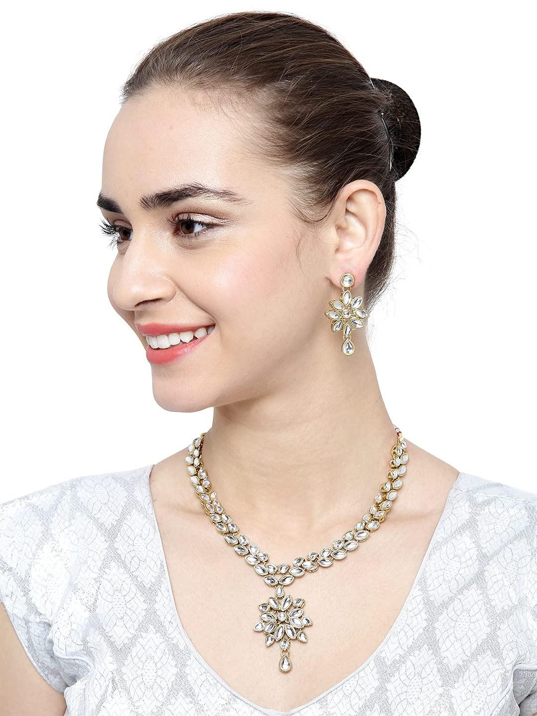

Fashion Jewellery Gold Plated Kundan Fancy Party Wear Necklace Traditional Jewellery Set with Earring for Women and Girls Onesize