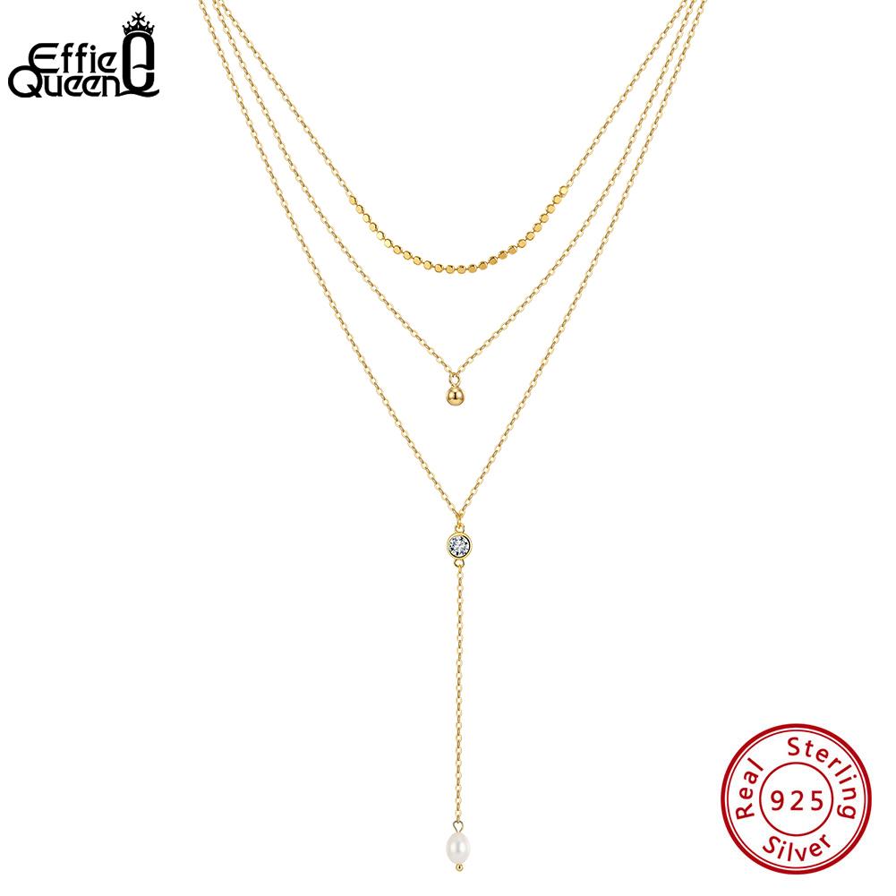 EFFIE QUEEN 925 Pure Silver Elegant Zircon Pendant Y Necklace with Pearl For Women Layered Y Shape Chain Necklace Gift BQN35